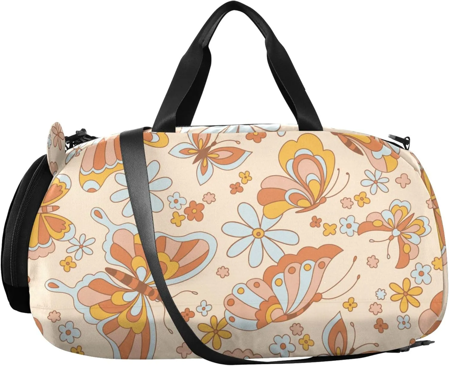 Boho Retro Colours Butterflies Among Flowers Kids Duffel Bag with Shoes Compartment Large Capacity Weekend Bag for Travel, Sports, Duffel, Weekender