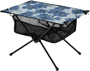 Bolaz Outdoor Folding Portable Picnic Camping Table-Vintage Blue Blooming Flowers with Blue Striped,Storage Mesh for Camping Gear Accessories, Hiking, Mountaineering, Outdoor Travel