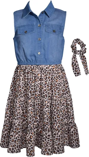 Bonnie Jean Girls Denim Dress - Sleeveless Denim and Leopard Print Dress for Girls with Matching Hair Tie