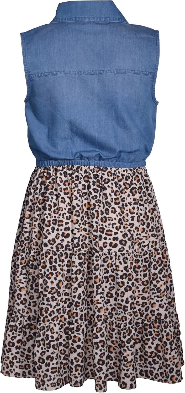 Bonnie Jean Girls Denim Dress - Sleeveless Denim and Leopard Print Dress for Girls with Matching Hair Tie