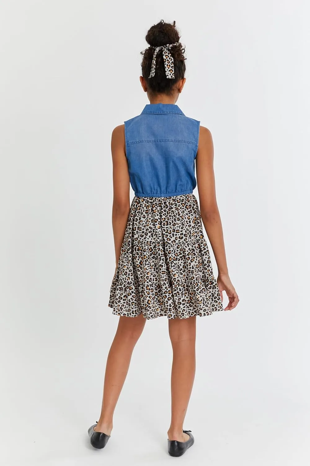 Bonnie Jean Girls Denim Dress - Sleeveless Denim and Leopard Print Dress for Girls with Matching Hair Tie