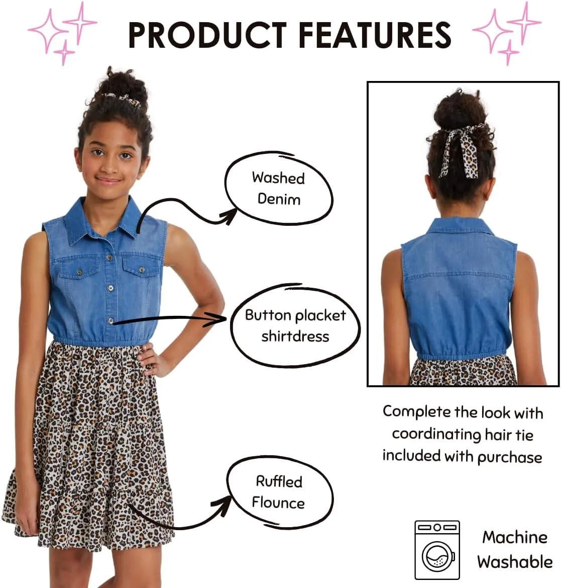 Bonnie Jean Girls Denim Dress - Sleeveless Denim and Leopard Print Dress for Girls with Matching Hair Tie
