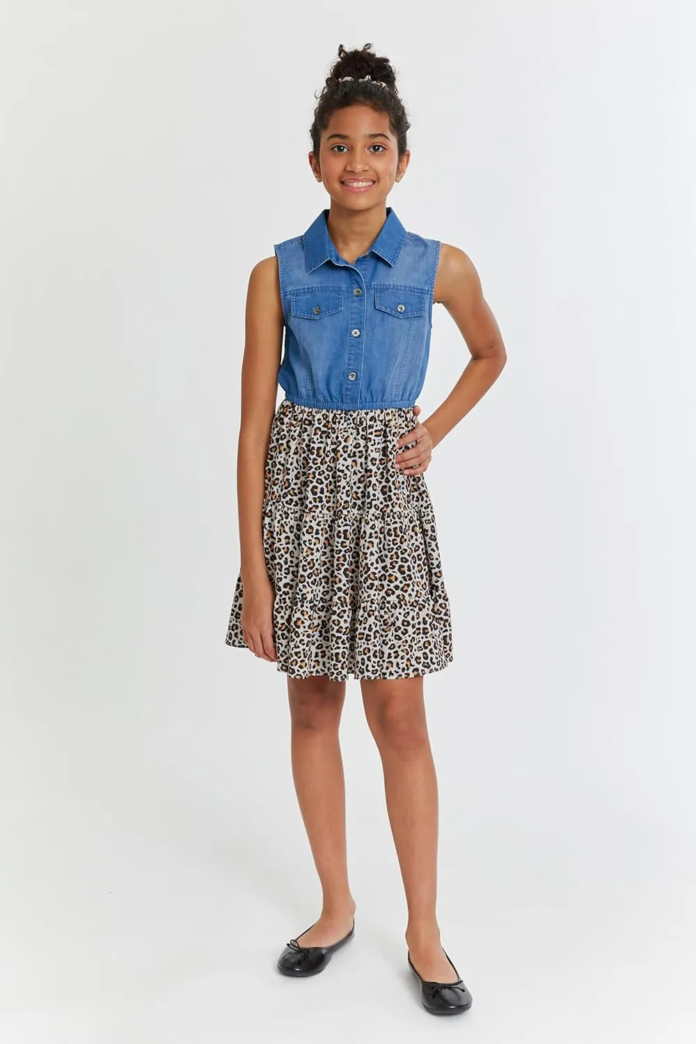 Bonnie Jean Girls Denim Dress - Sleeveless Denim and Leopard Print Dress for Girls with Matching Hair Tie