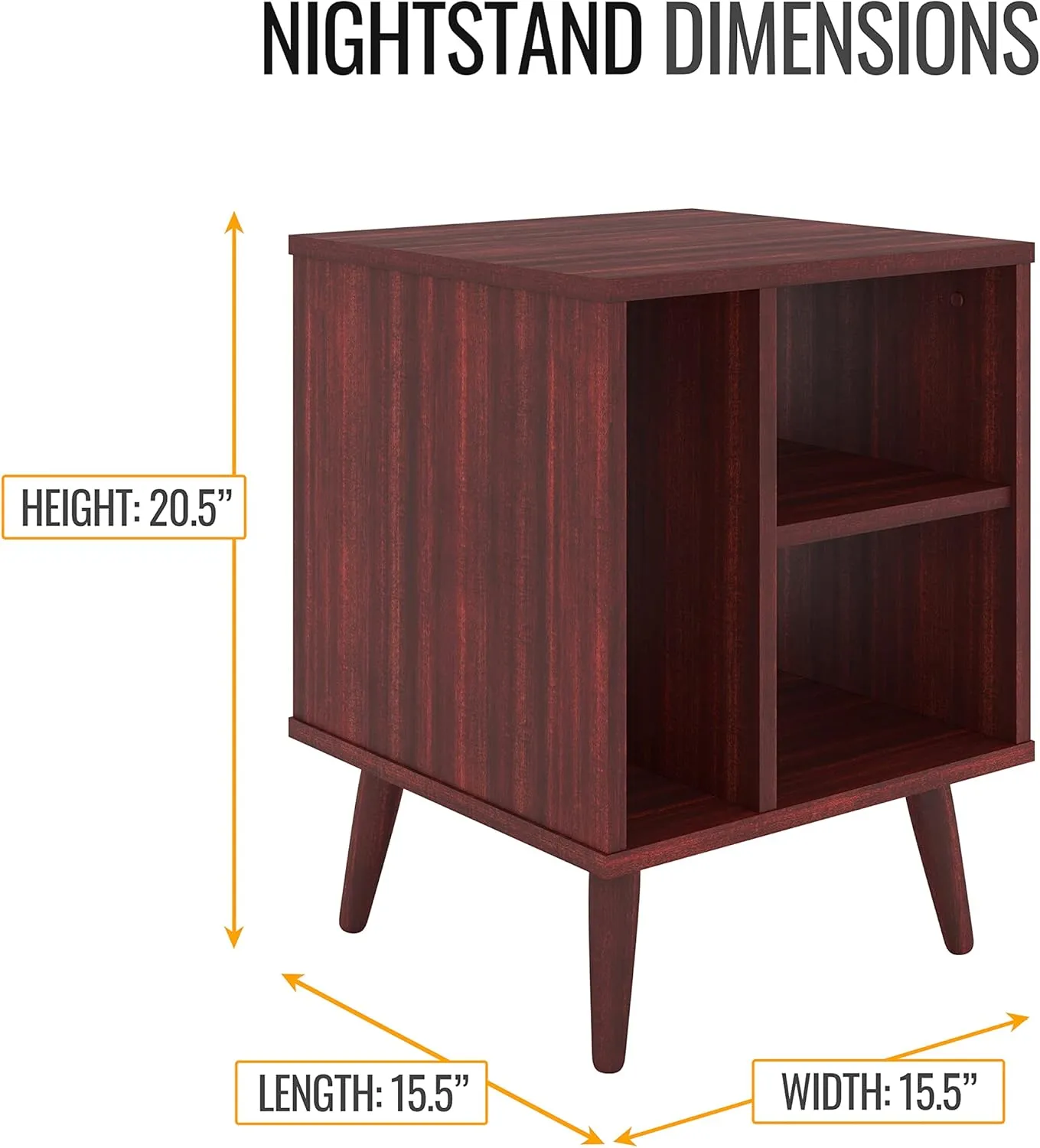 Boyd Sleep Mid-Century Modern Bedroom Nightstand Bedside Table: Warwick Three Compartment Storage Spaces, Cherry