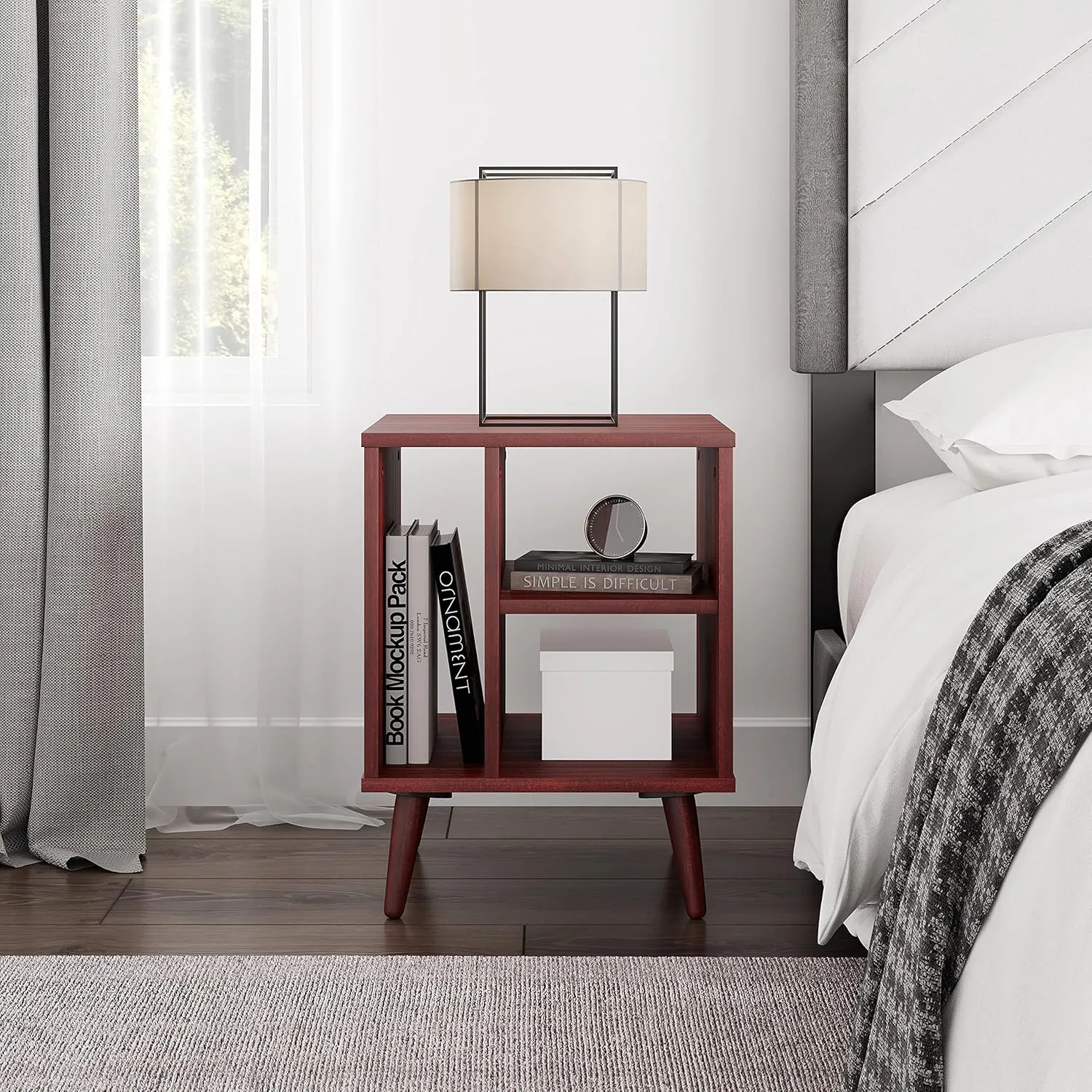 Boyd Sleep Mid-Century Modern Bedroom Nightstand Bedside Table: Warwick Three Compartment Storage Spaces, Cherry