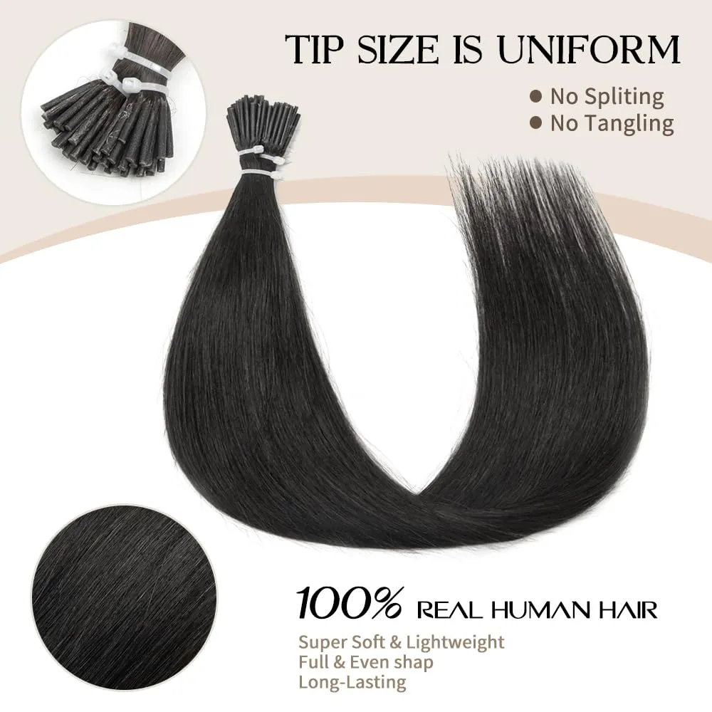 Boymia 14 Inch I Tip Hair Extensions #1B Natural Black 50strands 100% Remy Human Hair Invisible Silky Straight I Tip Keratin Hair Extensions