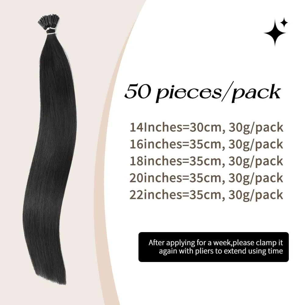 Boymia 14 Inch I Tip Hair Extensions #1B Natural Black 50strands 100% Remy Human Hair Invisible Silky Straight I Tip Keratin Hair Extensions