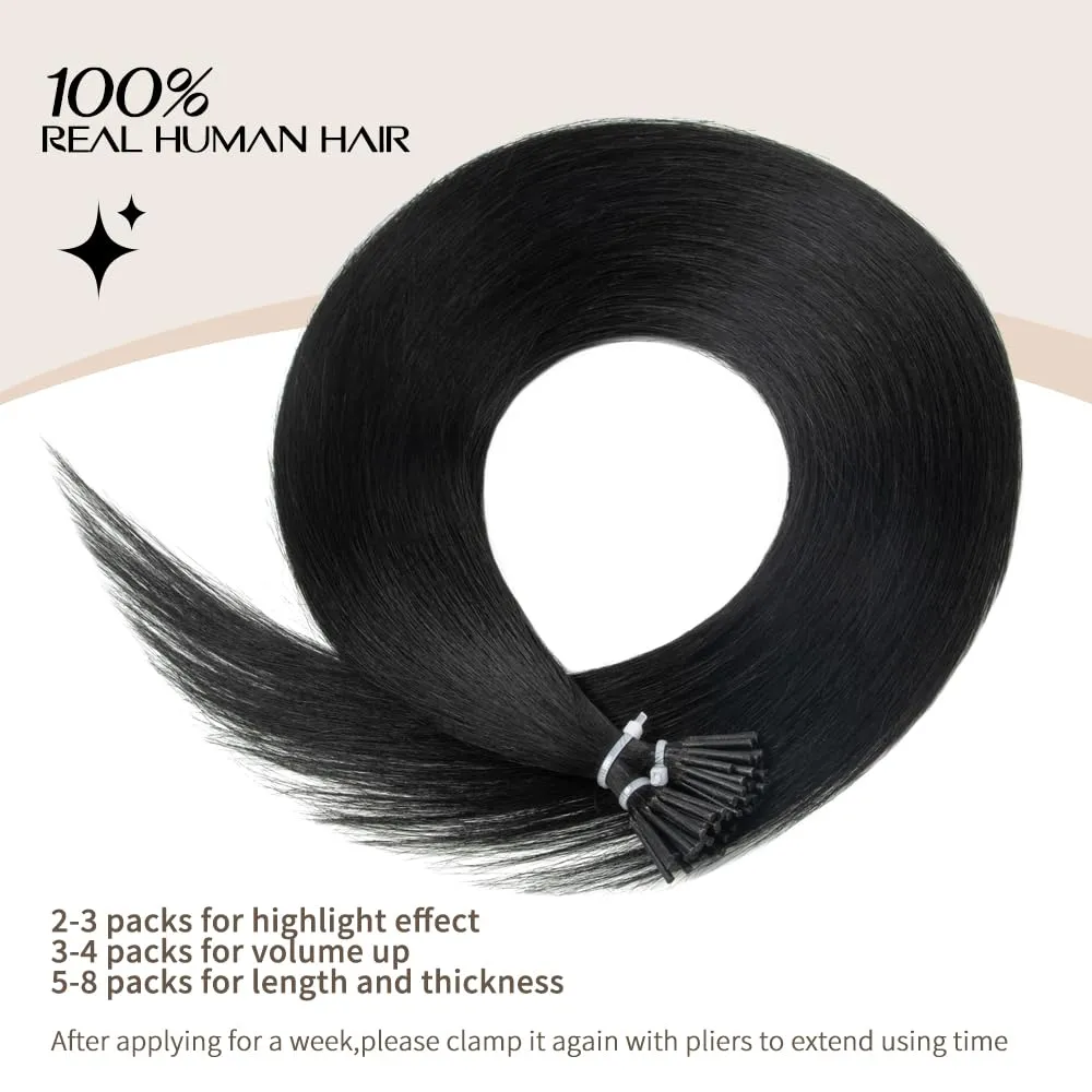 Boymia 14 Inch I Tip Hair Extensions #1B Natural Black 50strands 100% Remy Human Hair Invisible Silky Straight I Tip Keratin Hair Extensions