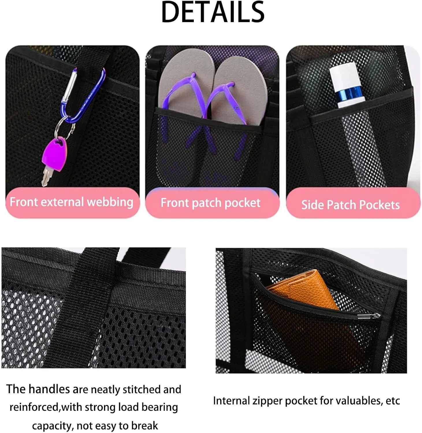 Breathable Mesh Beach Bag with Zipper Pockets, Large Durable Foldable Pool Tote, Waterproof Sand Proof Travel Gym Yoga Bag for Women Men, Lightweight Carryall for Vacation Camping Sports Weekend(Black