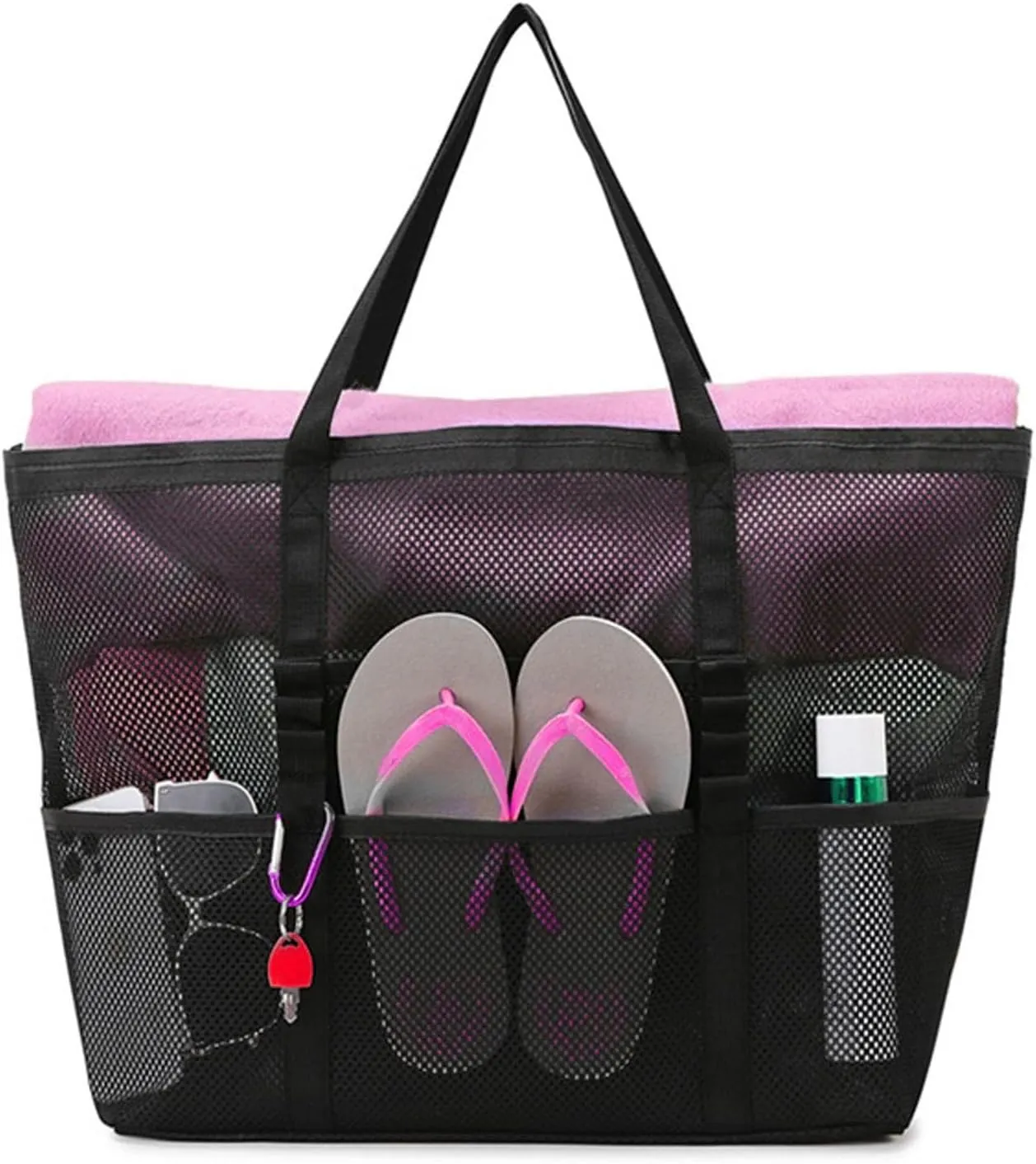 Breathable Mesh Beach Bag with Zipper Pockets, Large Durable Foldable Pool Tote, Waterproof Sand Proof Travel Gym Yoga Bag for Women Men, Lightweight Carryall for Vacation Camping Sports Weekend(Black