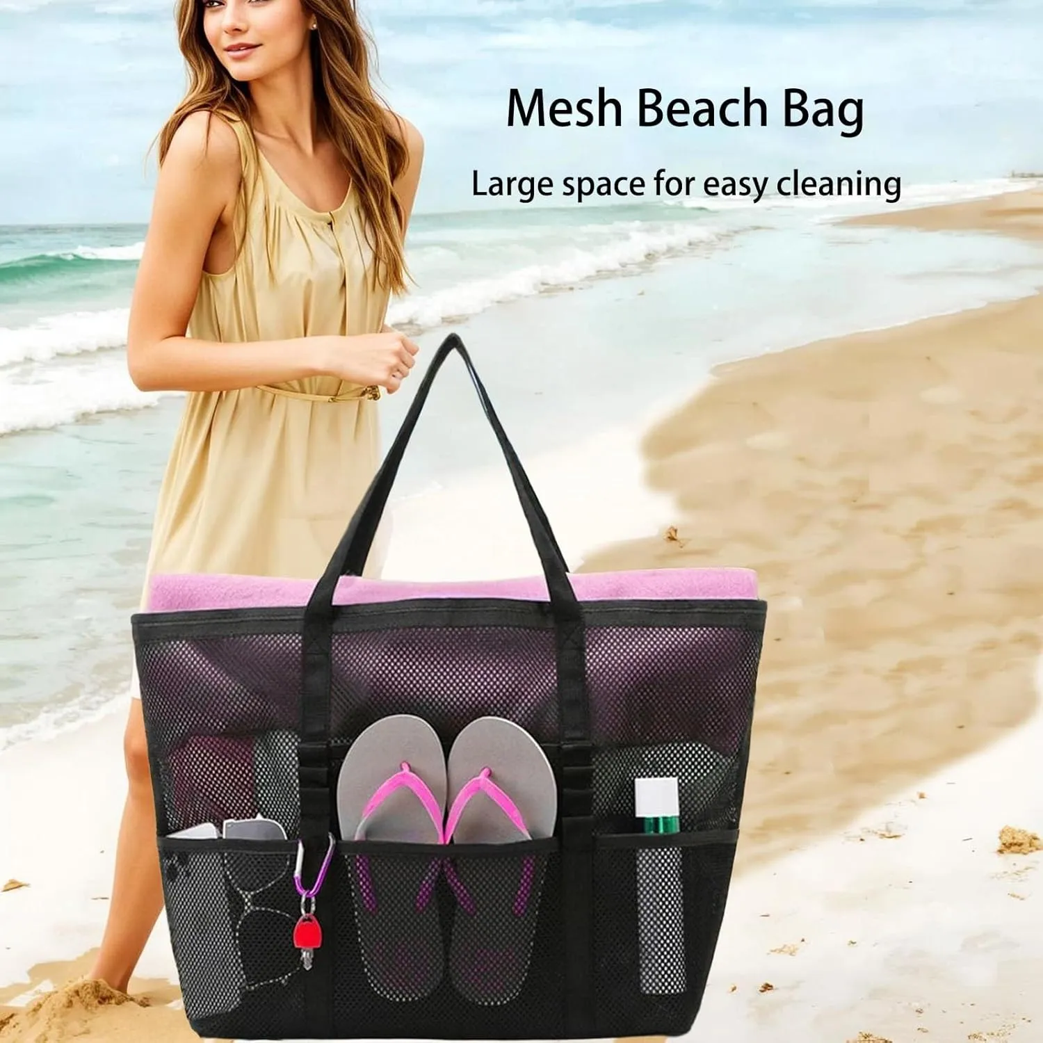 Breathable Mesh Beach Bag with Zipper Pockets, Large Durable Foldable Pool Tote, Waterproof Sand Proof Travel Gym Yoga Bag for Women Men, Lightweight Carryall for Vacation Camping Sports Weekend(Black