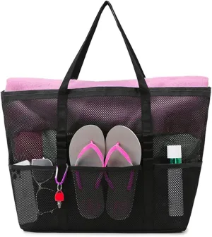Breathable Mesh Beach Bag with Zipper Pockets, Large Durable Foldable Pool Tote, Waterproof Sand Proof Travel Gym Yoga Bag for Women Men, Lightweight Carryall for Vacation Camping Sports Weekend(Black