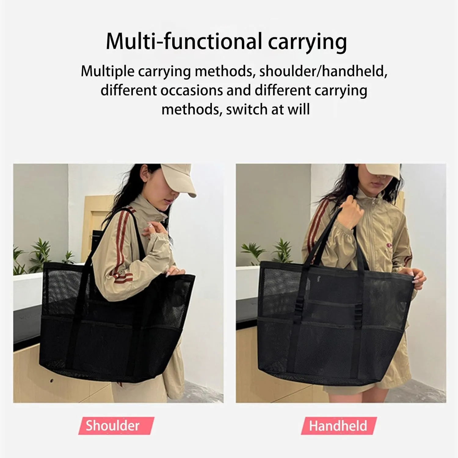 Breathable Mesh Beach Bag with Zipper Pockets, Large Durable Foldable Pool Tote, Waterproof Sand Proof Travel Gym Yoga Bag for Women Men, Lightweight Carryall for Vacation Camping Sports Weekend(Black