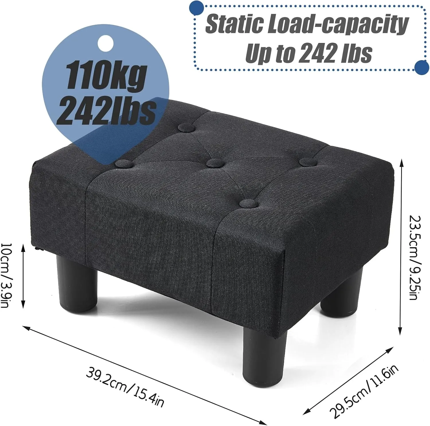 BRIAN & DANY Small Foot Stool, Linen Foot Stools with Legs, Stable Small Footstool for Living Room, Black