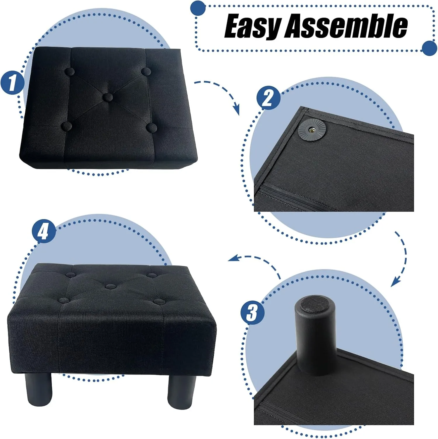 BRIAN & DANY Small Foot Stool, Linen Foot Stools with Legs, Stable Small Footstool for Living Room, Black