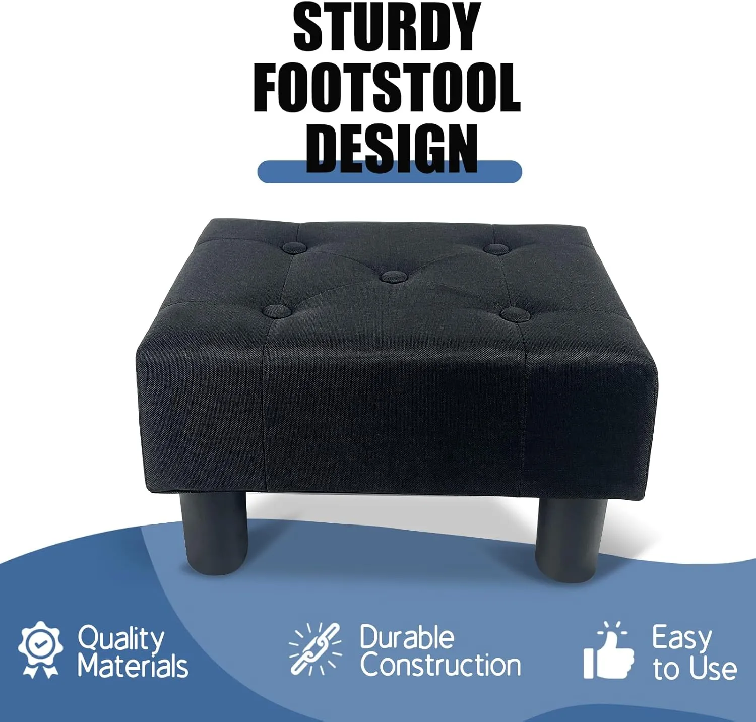 BRIAN & DANY Small Foot Stool, Linen Foot Stools with Legs, Stable Small Footstool for Living Room, Black