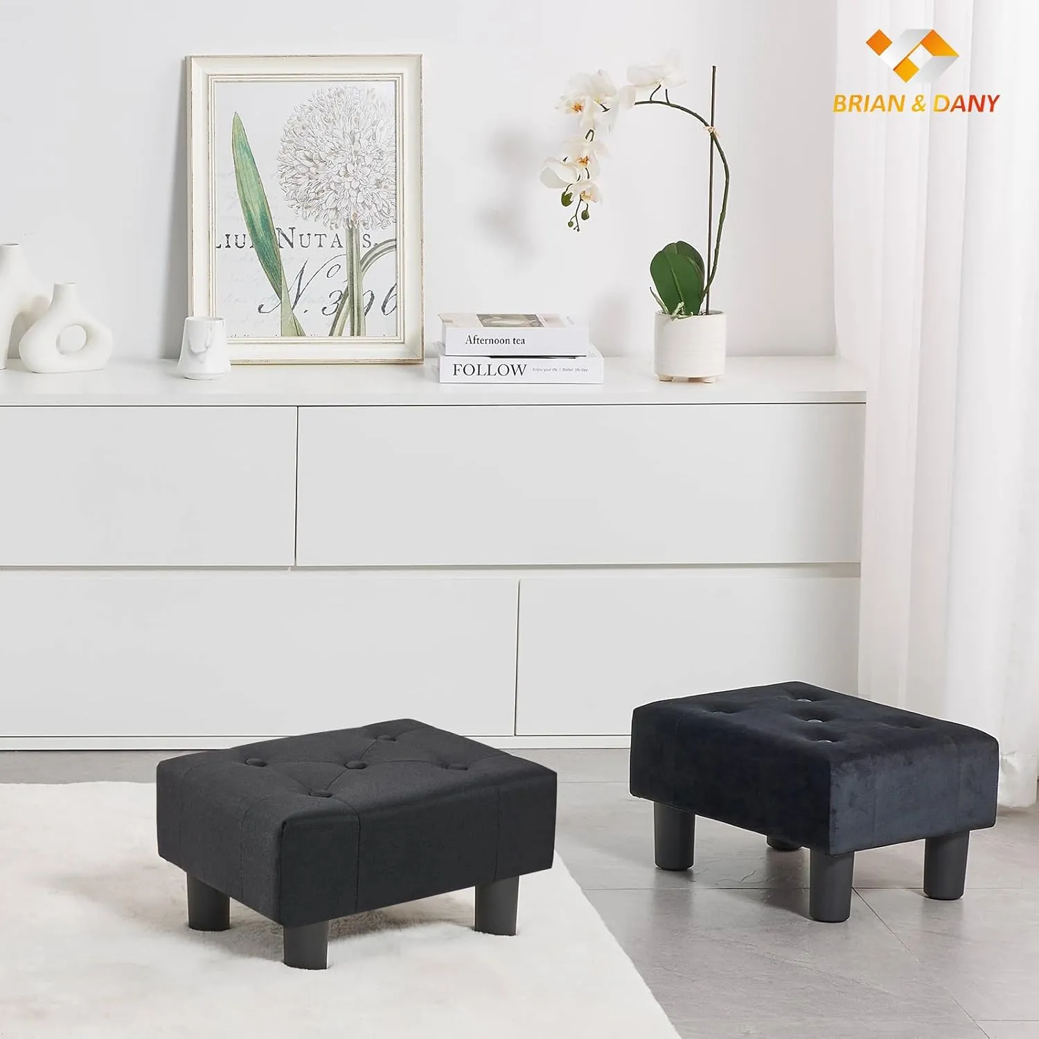 BRIAN & DANY Small Foot Stool, Linen Foot Stools with Legs, Stable Small Footstool for Living Room, Black