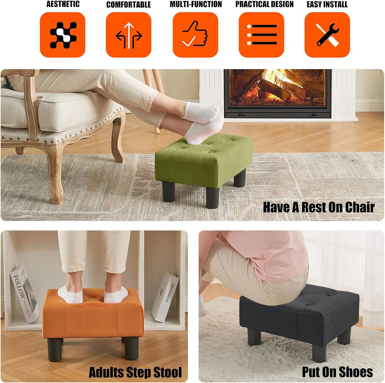 BRIAN & DANY Small Foot Stool, Linen Foot Stools with Legs, Stable Small Footstool for Living Room, Black