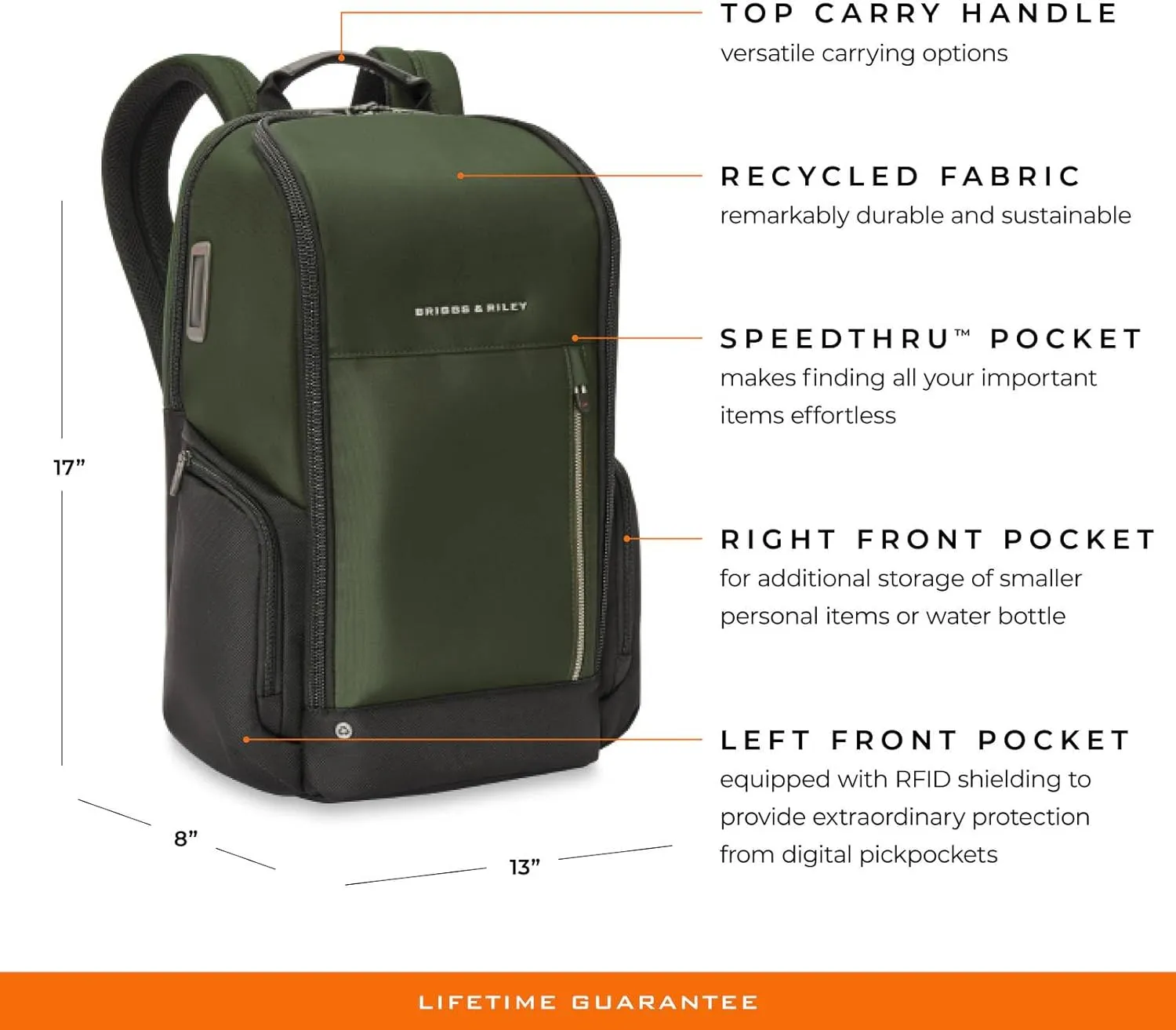 Briggs & Riley Medium Widemouth Backpack - Carry On Travel Backpack for Women & Men, Personal Item Bag, Self-Repairing Zippers, Padded Straps, Fits up to 15.6" Laptop - HTA Collection, Forest
