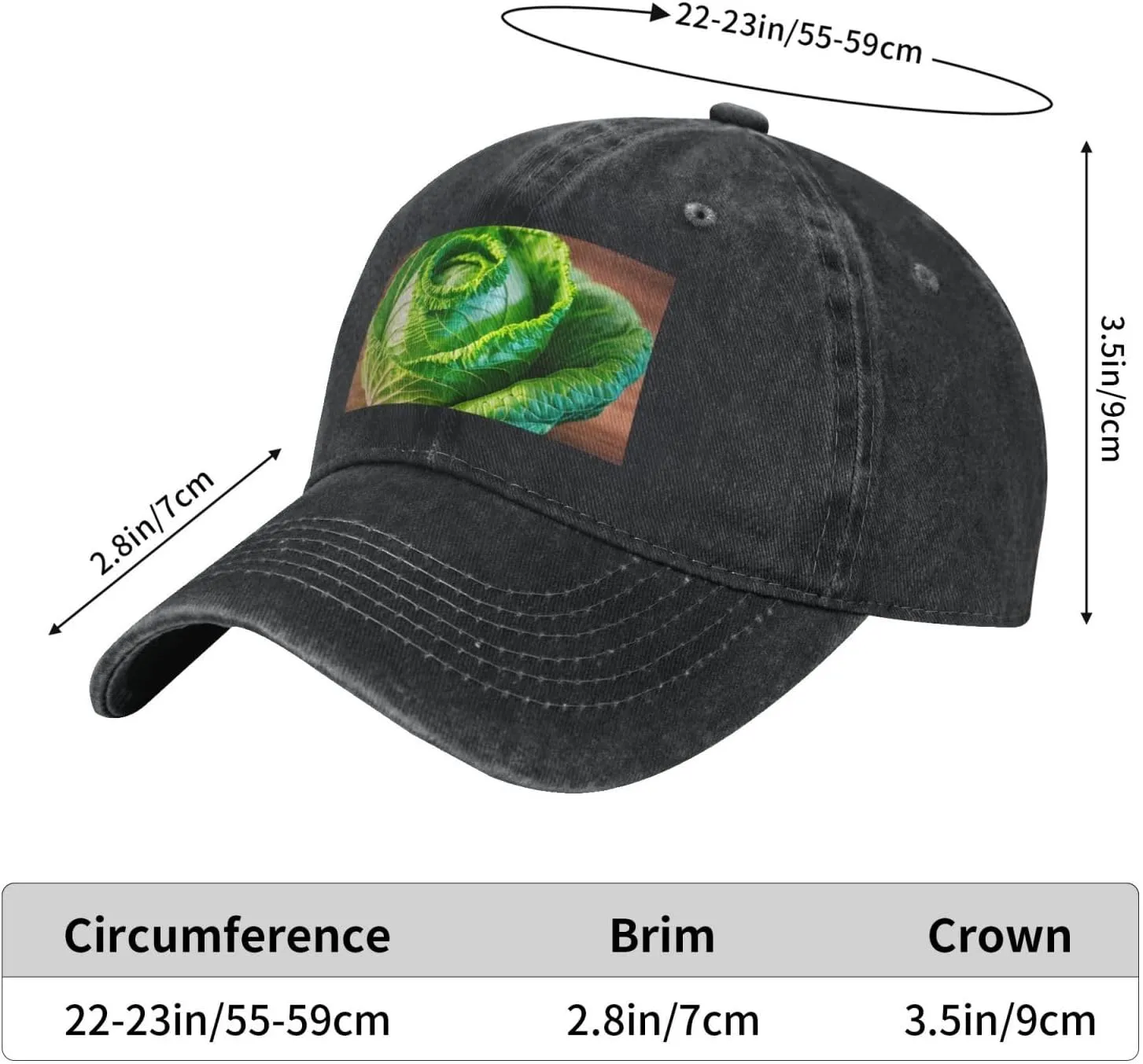 Bright Cabbage Print Unisex Washed Denim Baseball Cap,Adjustable Dad Hat,Trucker Hat for Sports, Travel
