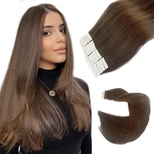 Brown Tape in Hair Extensions 14 Inch Human Hair Straight Remy Full Head 9A Grade for Women and Girls Medium Brown 50g 20pcs