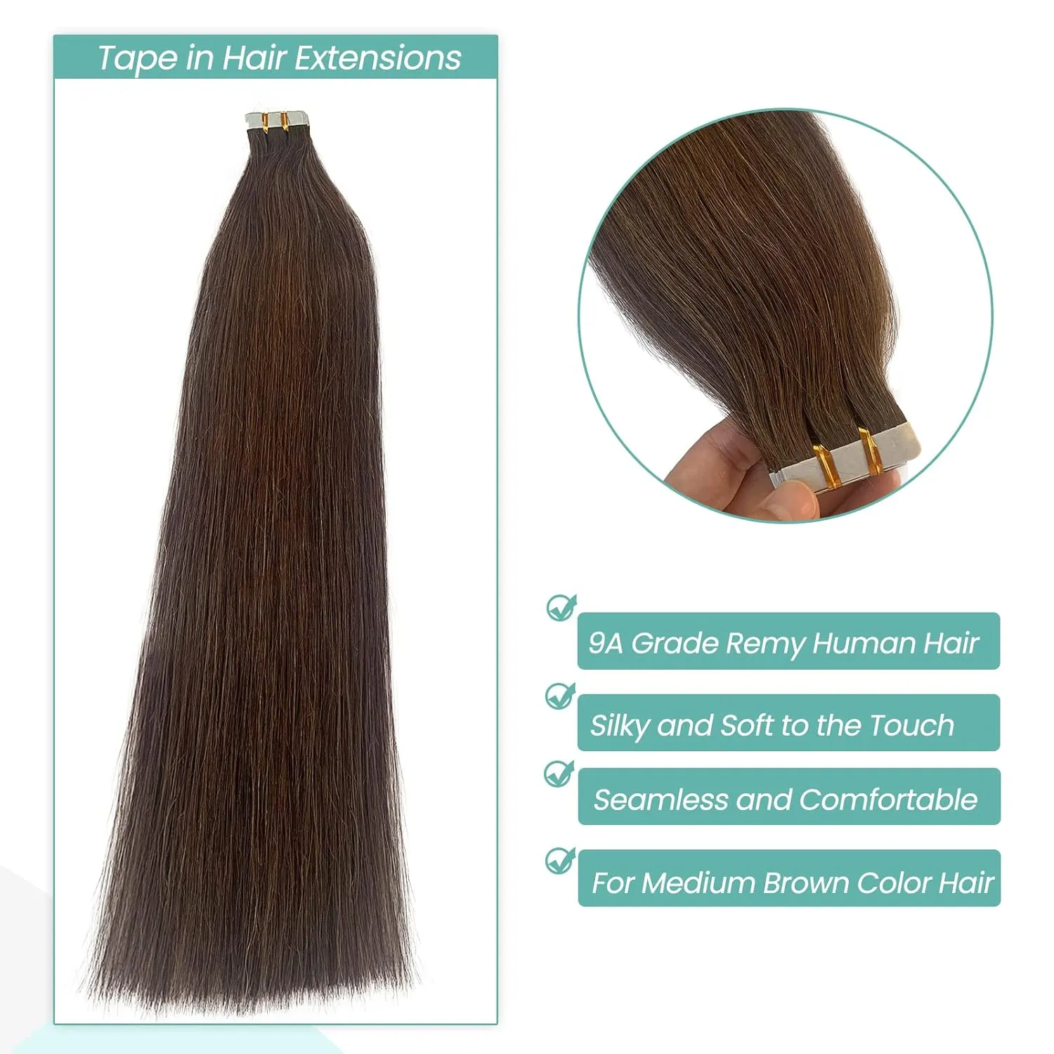 Brown Tape in Hair Extensions 14 Inch Human Hair Straight Remy Full Head 9A Grade for Women and Girls Medium Brown 50g 20pcs