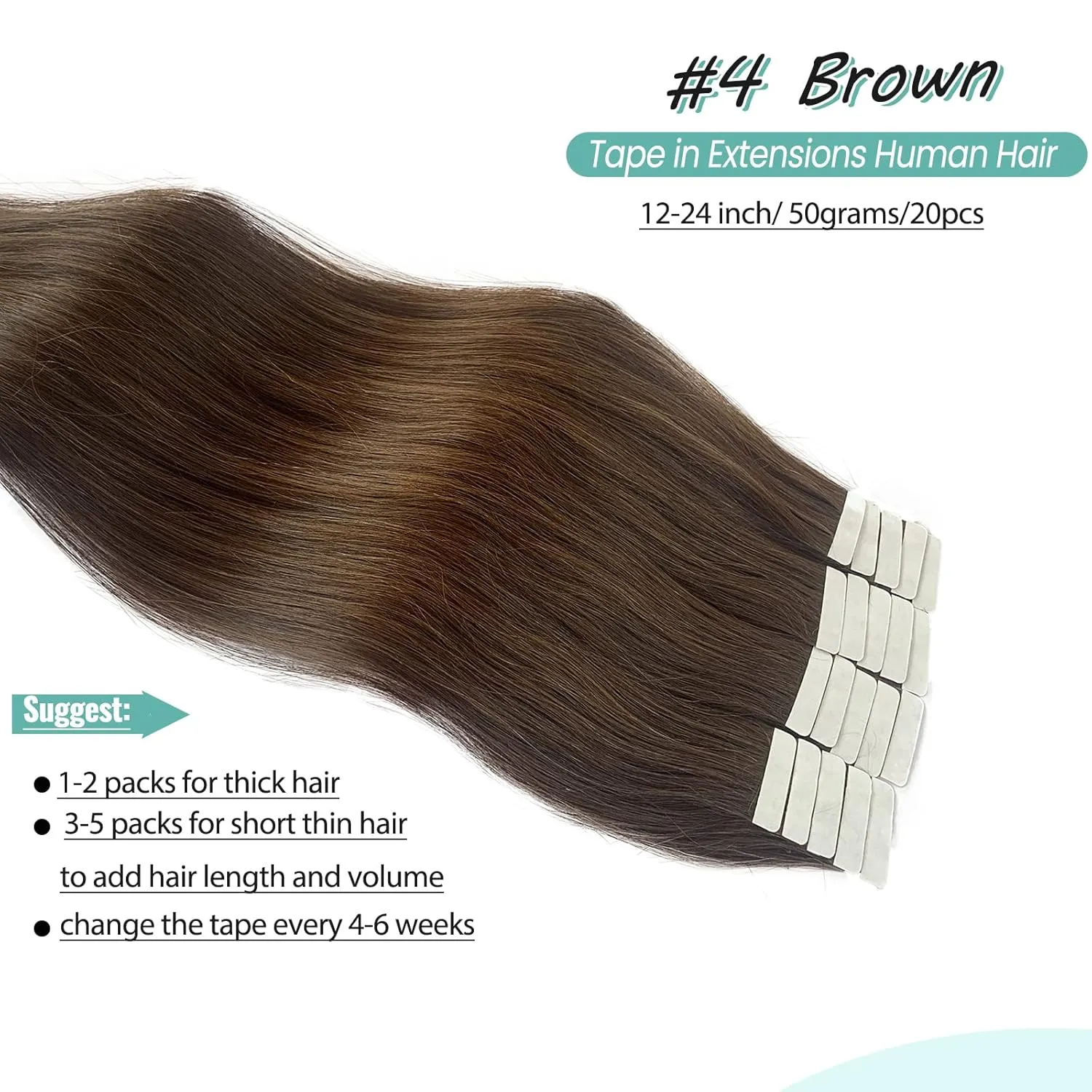 Brown Tape in Hair Extensions 14 Inch Human Hair Straight Remy Full Head 9A Grade for Women and Girls Medium Brown 50g 20pcs