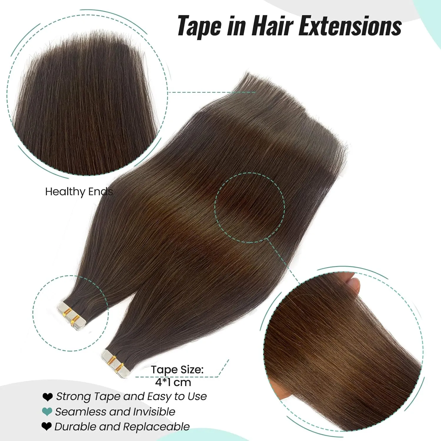 Brown Tape in Hair Extensions 14 Inch Human Hair Straight Remy Full Head 9A Grade for Women and Girls Medium Brown 50g 20pcs