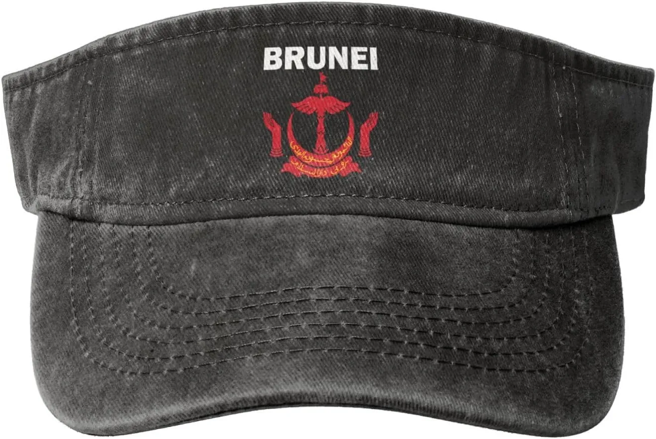 Brunei Coat of Arms Flag Washed Denim Visor Hat for Men & Women, Adjustable Sun Cap with UV Protection