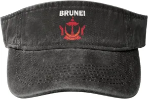 Brunei Coat of Arms Flag Washed Denim Visor Hat for Men & Women, Adjustable Sun Cap with UV Protection