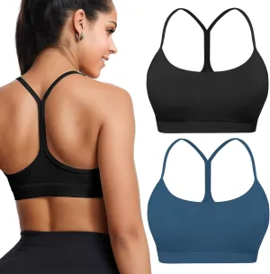 Buauty 2 Packs Y Back Sports Bra for Women, Low Impact Padded Racerback Spaghetti Strap Bras, Womens Workout Yoga Tops