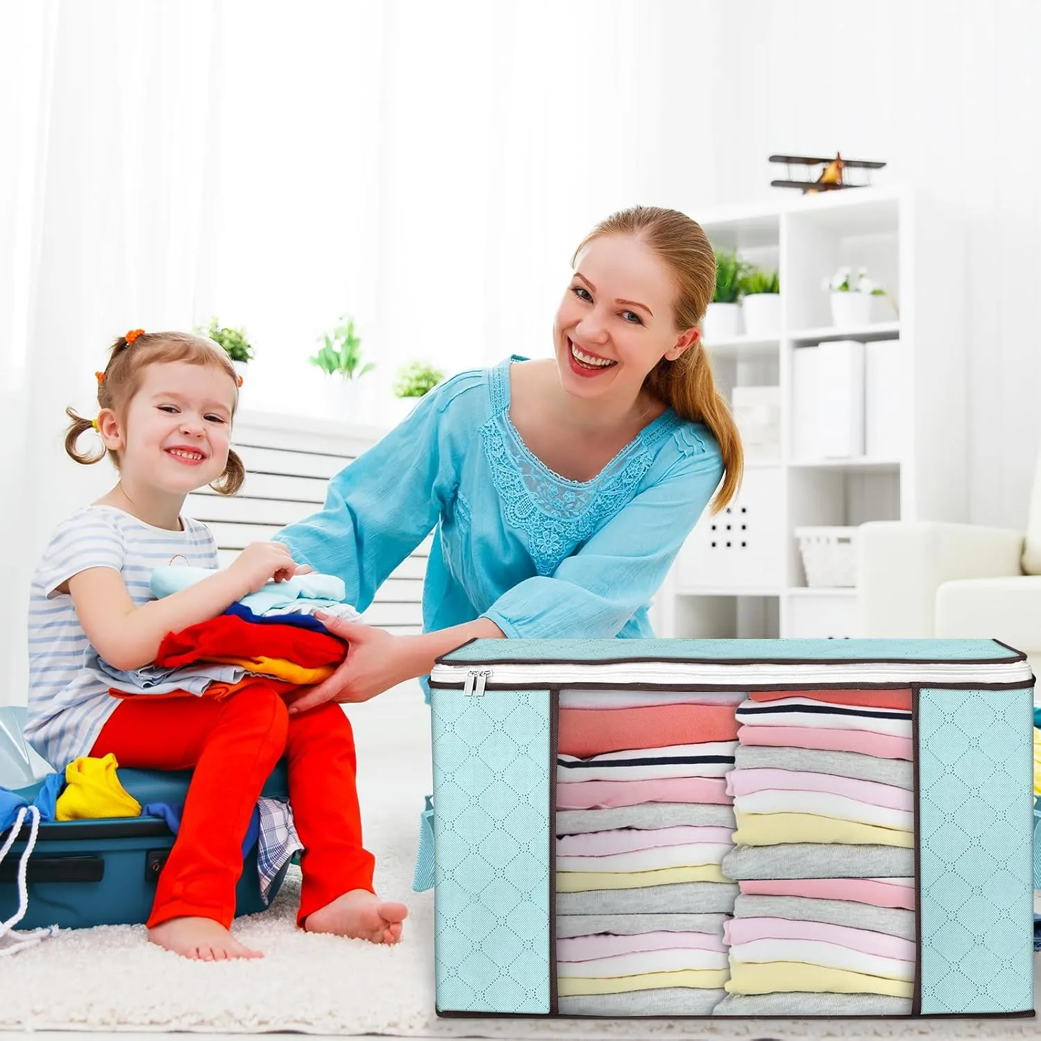 Budding Joy 90 L Large Storage Bags, 2 Pack Clothes Bins Foldable Closet Organizer Containers for Blanket, Comforters, Bed Sheets, Pillows and Toys (Blue)