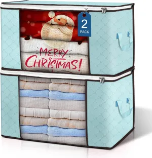 Budding Joy 90 L Large Storage Bags, 2 Pack Clothes Bins Foldable Closet Organizer Containers for Blanket, Comforters, Bed Sheets, Pillows and Toys (Blue)