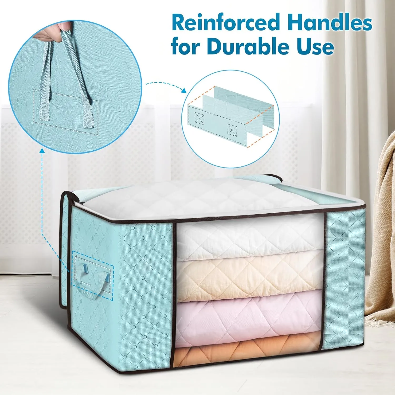 Budding Joy 90 L Large Storage Bags, 2 Pack Clothes Bins Foldable Closet Organizer Containers for Blanket, Comforters, Bed Sheets, Pillows and Toys (Blue)