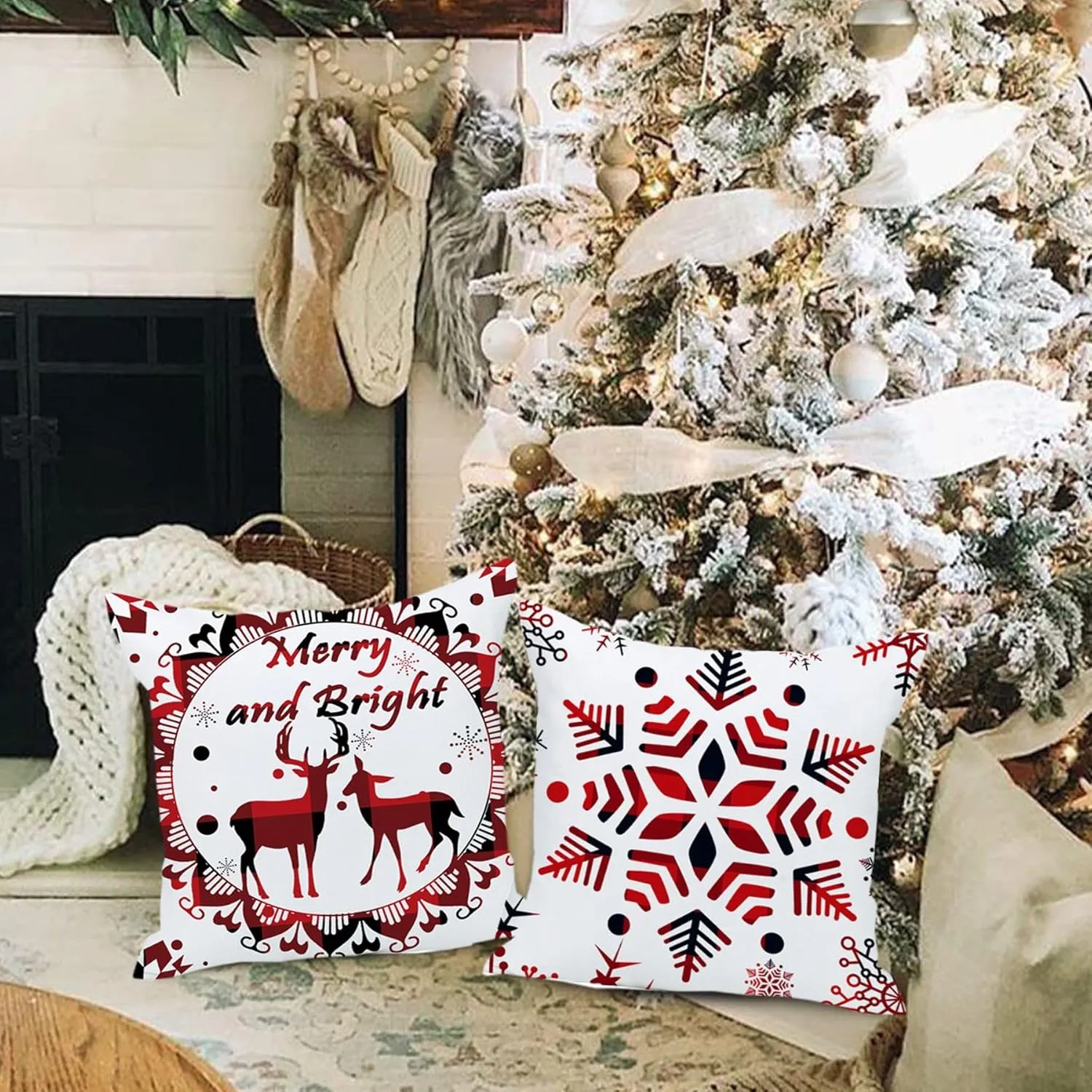 Buffalo Plaid Pillow Covers 20x20 Set of 4 Red Snowflake Christmas Reindeer Pine Tree Double Sides Print Velvet Square Throw Pillows Case Decorative Cushion Cover for Couch Sofa 20x20 Inches