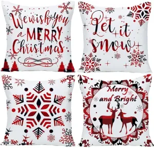 Buffalo Plaid Pillow Covers 20x20 Set of 4 Red Snowflake Christmas Reindeer Pine Tree Double Sides Print Velvet Square Throw Pillows Case Decorative Cushion Cover for Couch Sofa 20x20 Inches