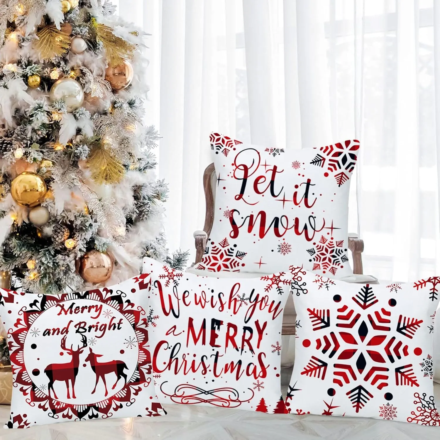 Buffalo Plaid Pillow Covers 20x20 Set of 4 Red Snowflake Christmas Reindeer Pine Tree Double Sides Print Velvet Square Throw Pillows Case Decorative Cushion Cover for Couch Sofa 20x20 Inches