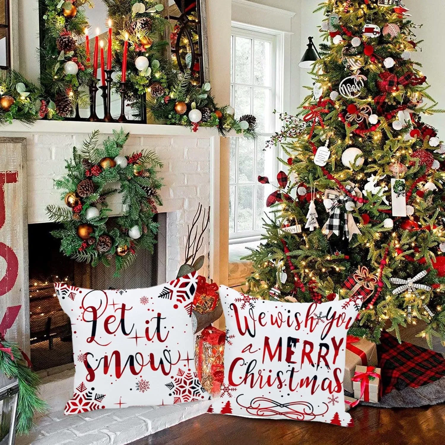 Buffalo Plaid Pillow Covers 20x20 Set of 4 Red Snowflake Christmas Reindeer Pine Tree Double Sides Print Velvet Square Throw Pillows Case Decorative Cushion Cover for Couch Sofa 20x20 Inches
