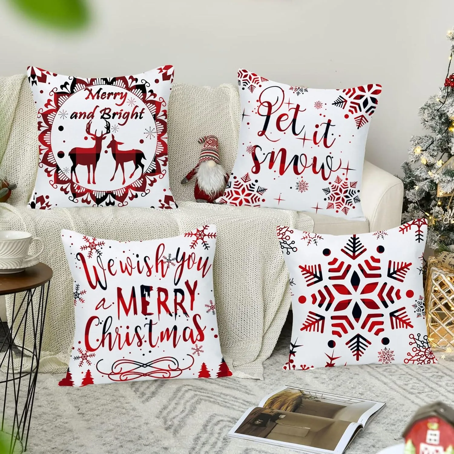Buffalo Plaid Pillow Covers 20x20 Set of 4 Red Snowflake Christmas Reindeer Pine Tree Double Sides Print Velvet Square Throw Pillows Case Decorative Cushion Cover for Couch Sofa 20x20 Inches