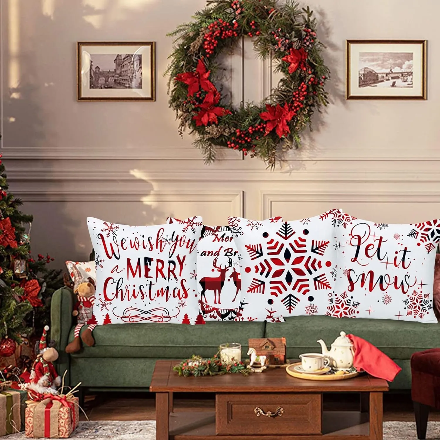 Buffalo Plaid Pillow Covers 20x20 Set of 4 Red Snowflake Christmas Reindeer Pine Tree Double Sides Print Velvet Square Throw Pillows Case Decorative Cushion Cover for Couch Sofa 20x20 Inches
