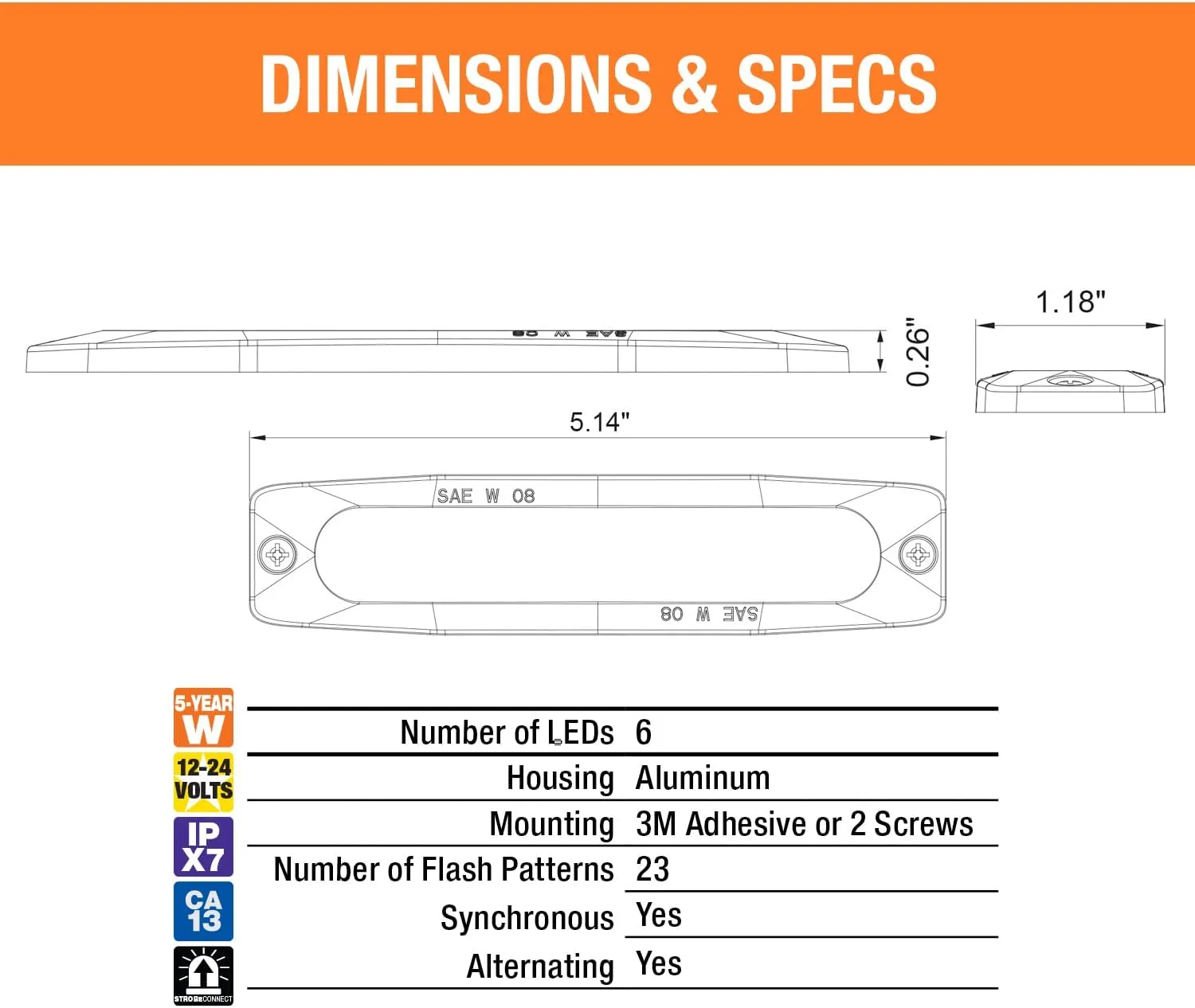 Buyers Products 8892200 5" Amber LED Strobe Light, 6 LEDs, 23 Flash Patterns, Aluminum Housing, Warning Lights For Utility Vehicles