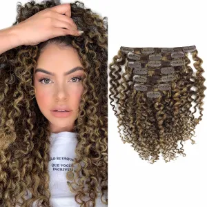 Caliee 18Inch Human Hair Jerry Curly Clip in Hair Extensions Highlight Piano Dark Brown Mixed with Strawberry Blonde for Women 3B 3C Curly Clip ins Real Remy Human Hair Extensions #P4/27 120G 7Pcs