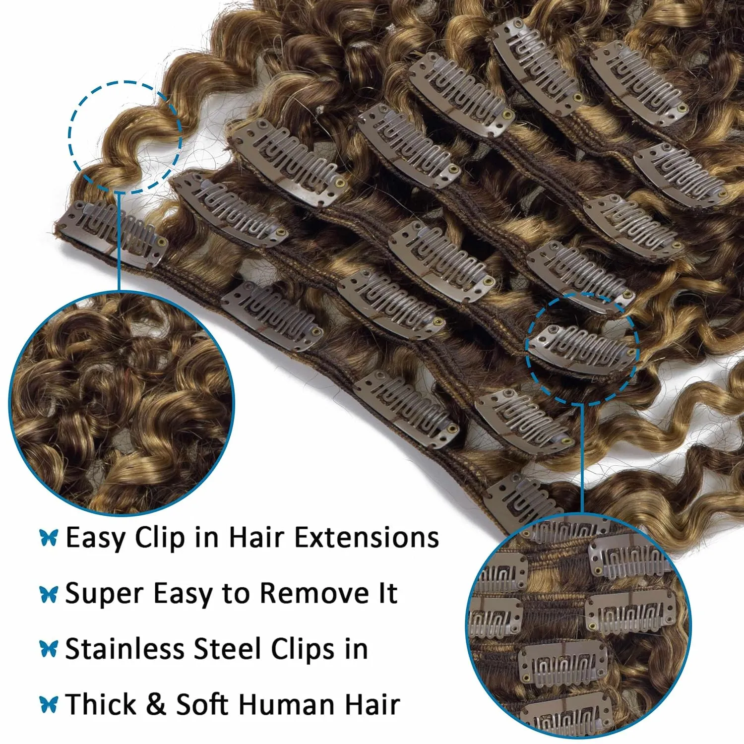 Caliee 18Inch Human Hair Jerry Curly Clip in Hair Extensions Highlight Piano Dark Brown Mixed with Strawberry Blonde for Women 3B 3C Curly Clip ins Real Remy Human Hair Extensions #P4/27 120G 7Pcs
