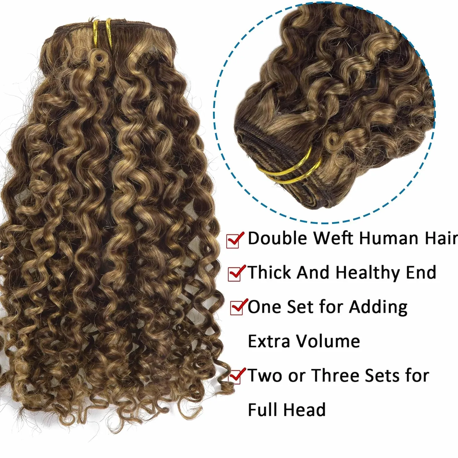 Caliee 18Inch Human Hair Jerry Curly Clip in Hair Extensions Highlight Piano Dark Brown Mixed with Strawberry Blonde for Women 3B 3C Curly Clip ins Real Remy Human Hair Extensions #P4/27 120G 7Pcs