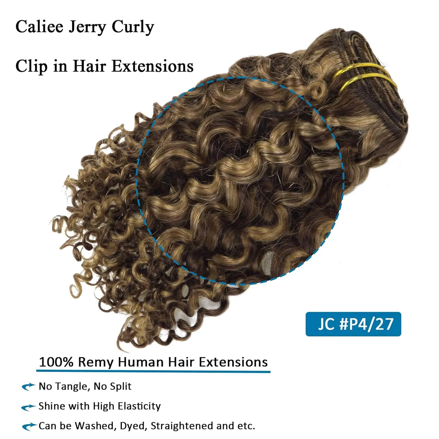Caliee 18Inch Human Hair Jerry Curly Clip in Hair Extensions Highlight Piano Dark Brown Mixed with Strawberry Blonde for Women 3B 3C Curly Clip ins Real Remy Human Hair Extensions #P4/27 120G 7Pcs