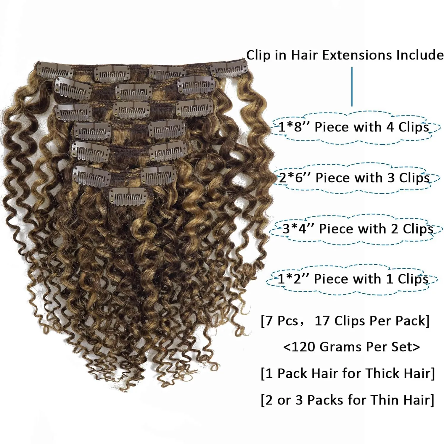 Caliee 18Inch Human Hair Jerry Curly Clip in Hair Extensions Highlight Piano Dark Brown Mixed with Strawberry Blonde for Women 3B 3C Curly Clip ins Real Remy Human Hair Extensions #P4/27 120G 7Pcs