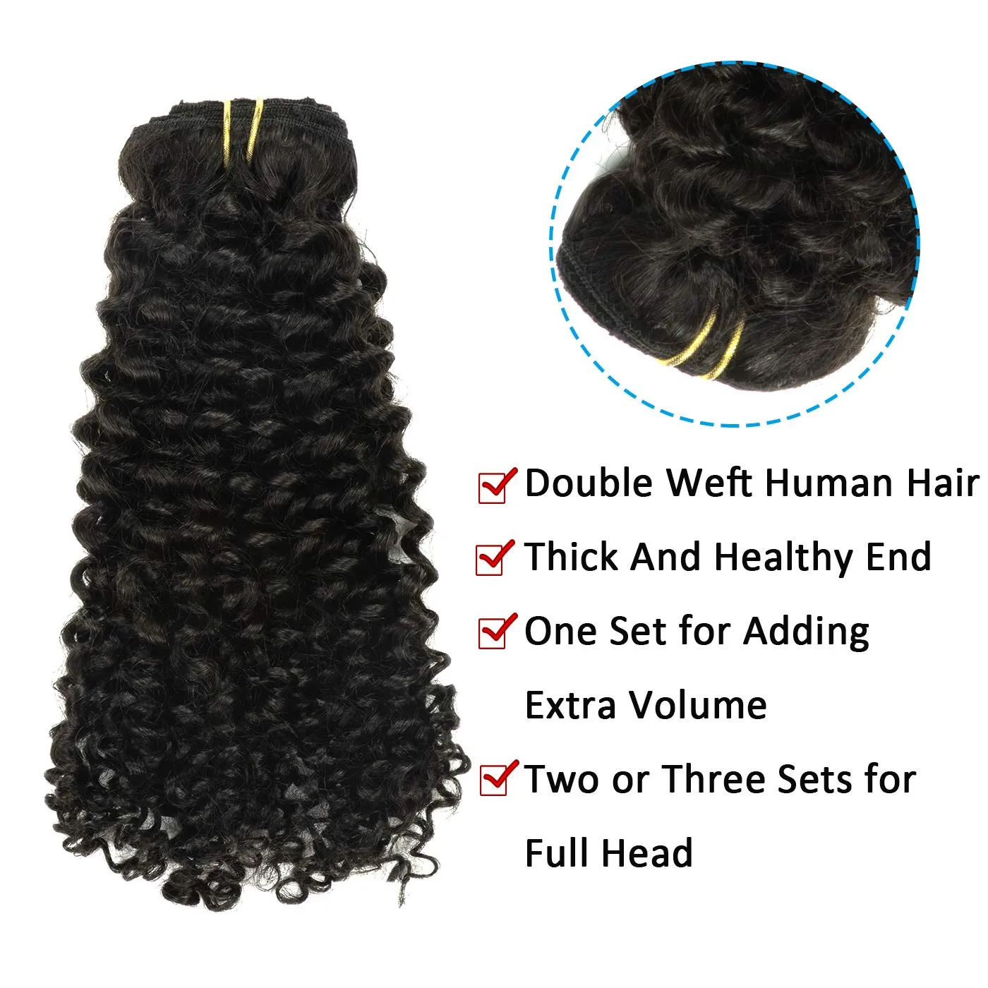 Caliee 18inch Jerry Curly Double Weft Natural Black Human Hair Extensions 3B 3C Curly Clip Ins Remy Hair Extensions 1B with 7Pcs 17Clips