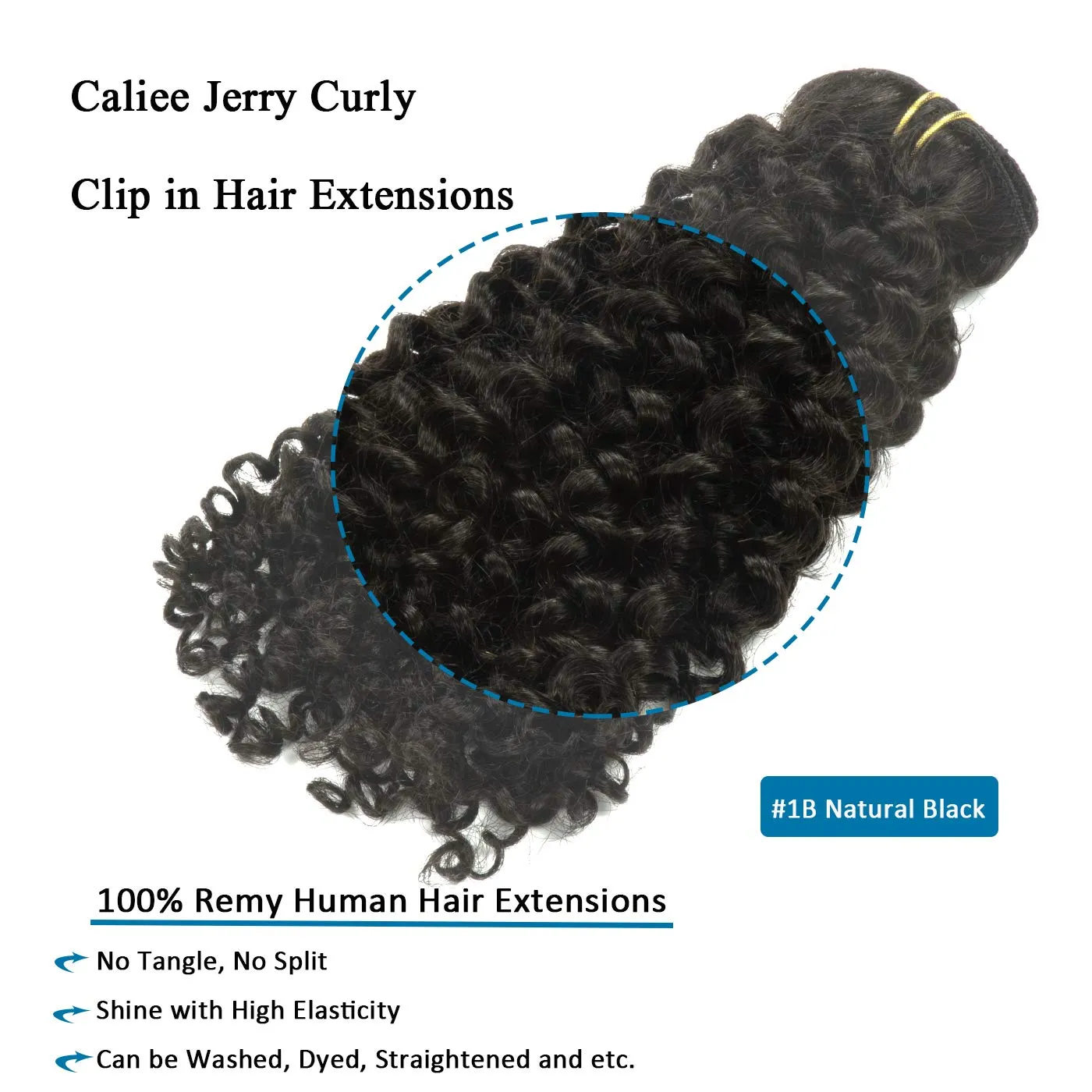 Caliee 18inch Jerry Curly Double Weft Natural Black Human Hair Extensions 3B 3C Curly Clip Ins Remy Hair Extensions 1B with 7Pcs 17Clips