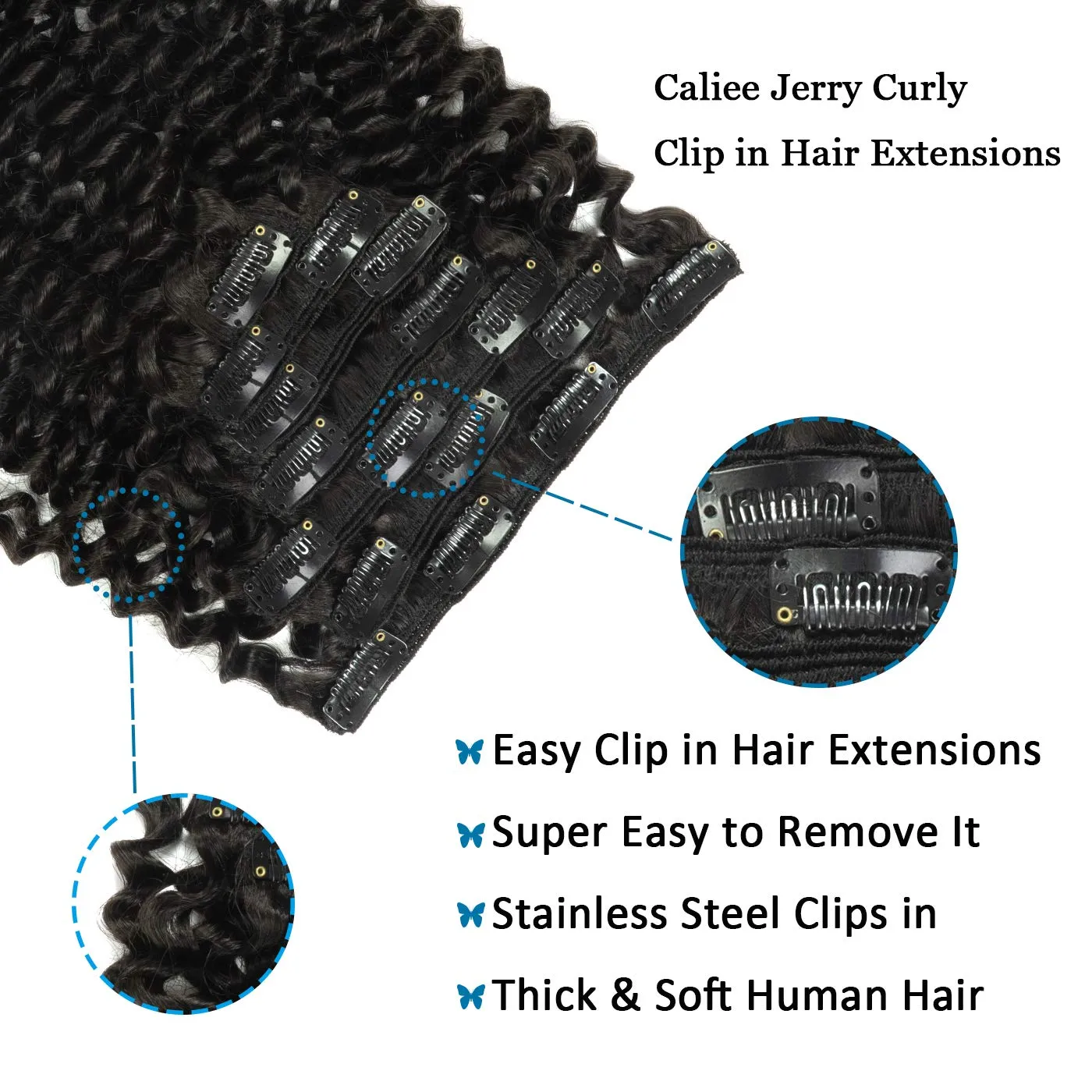 Caliee 18inch Jerry Curly Double Weft Natural Black Human Hair Extensions 3B 3C Curly Clip Ins Remy Hair Extensions 1B with 7Pcs 17Clips