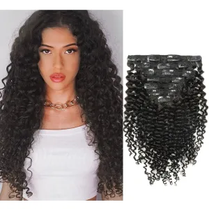 Caliee 18inch Jerry Curly Double Weft Natural Black Human Hair Extensions 3B 3C Curly Clip Ins Remy Hair Extensions 1B with 7Pcs 17Clips